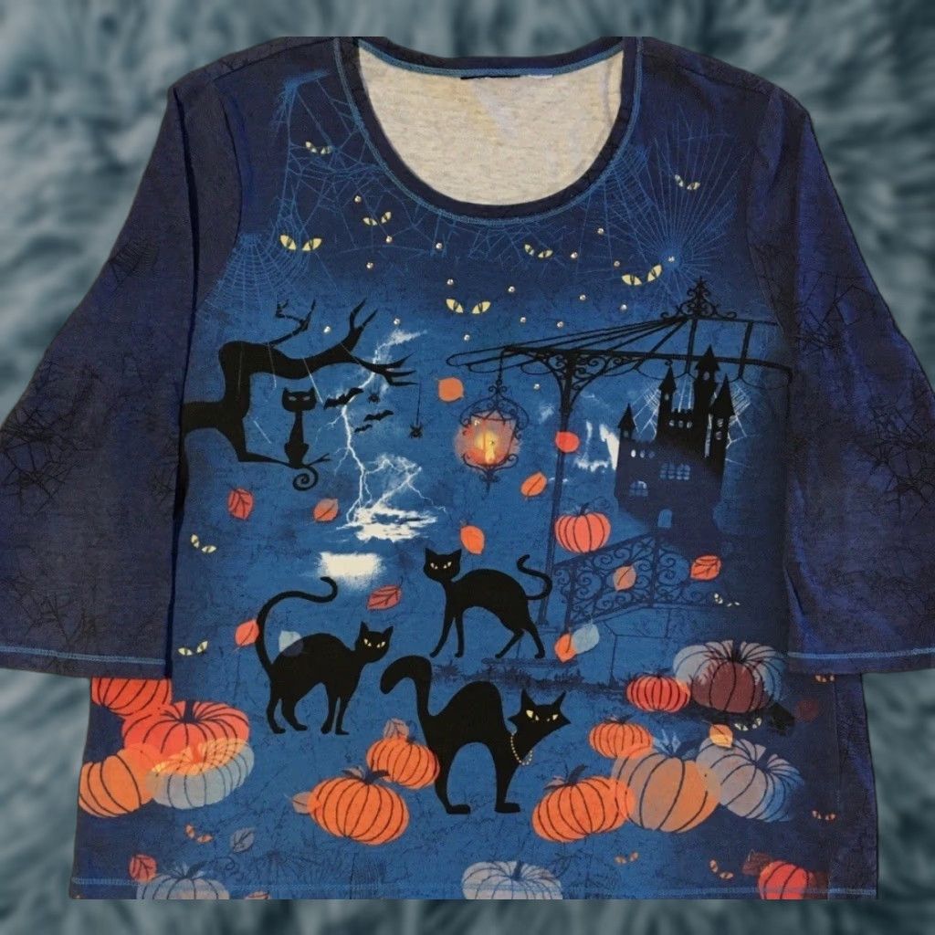 Vintage Vtg 90s Black Cat AOP Spider Web Shirt L Halloween Goth Emo Biker Grunge Y2K Shirt Women Size L / US 10 / IT 46 - 1 Thumbnail
