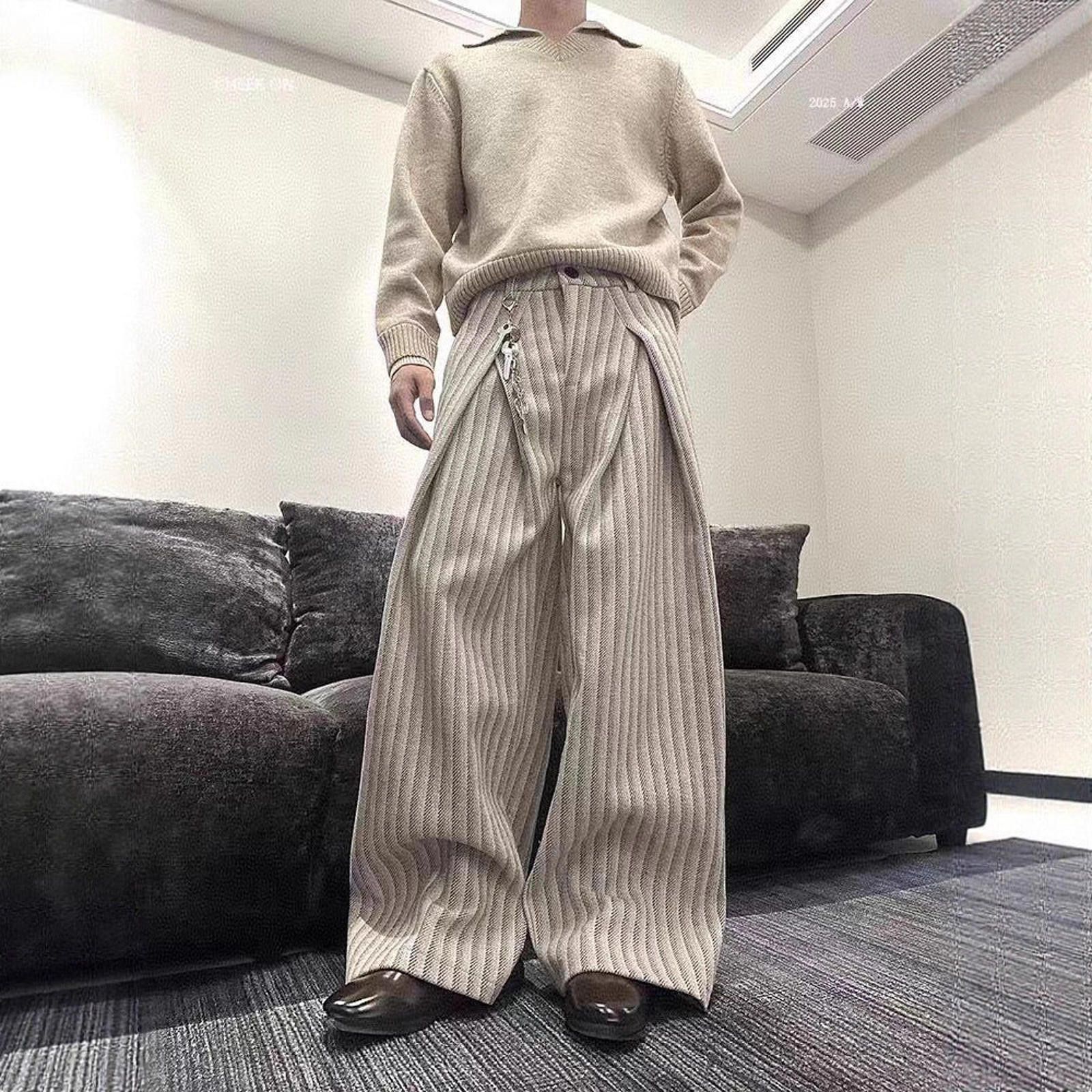 Wide Leg Striped Casual Pants, Relaxed Fit Trousers