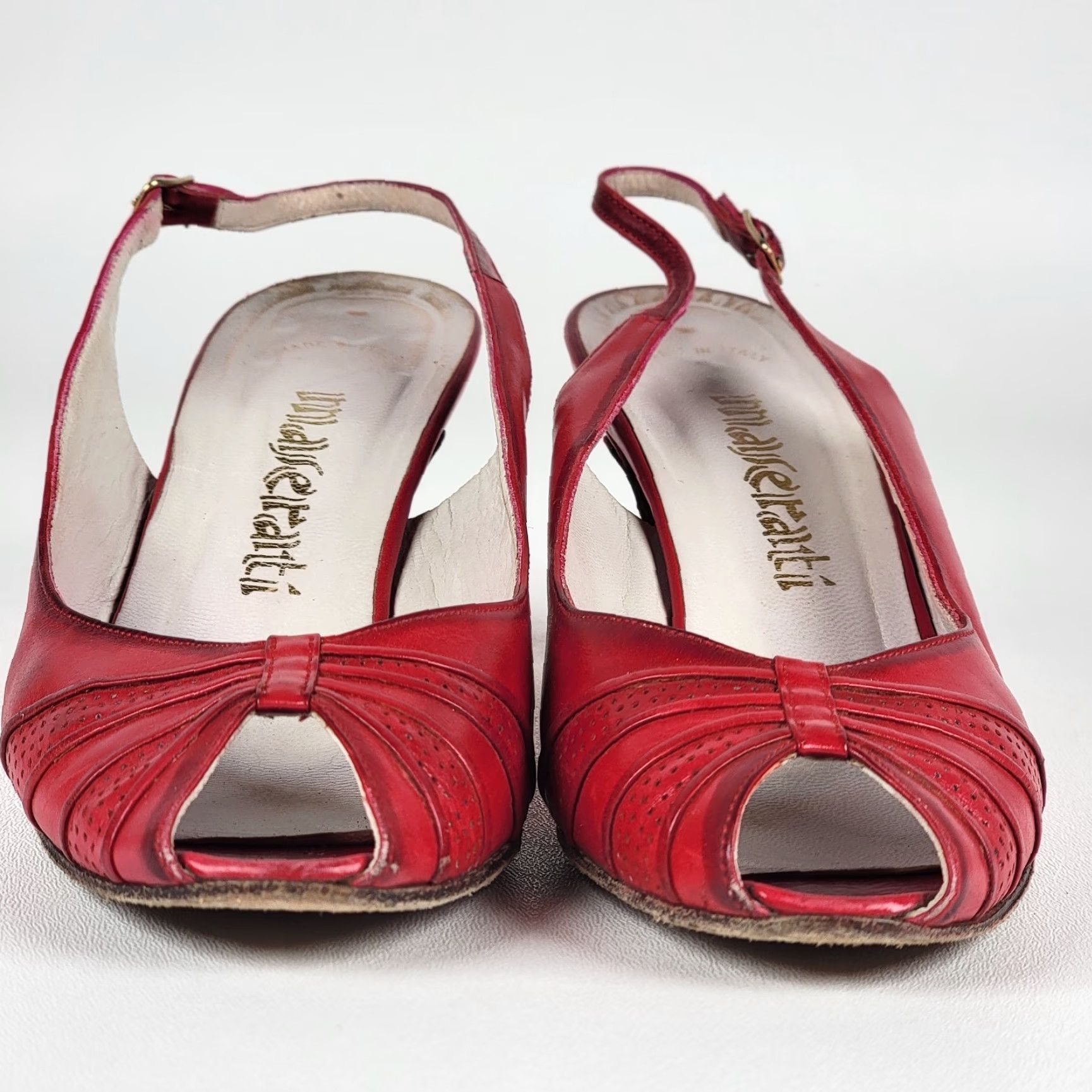 Vintage VINTAGE 80s Italian Leather Slingback 'Fascination' Heels Stacked Heel US 6 B Red Women/Girls Cocktail Size US 6 / IT 36 - 3 Thumbnail