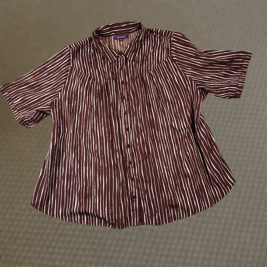 Vintage Roamans Button Up Shirt Women's 26W Brown Striped Short Sleeve Collared Casual Size 4XL / US 24-26 - 1 Thumbnail