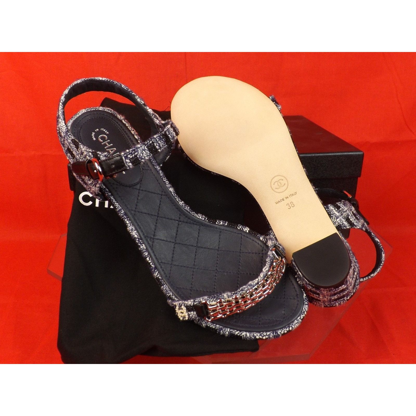 Chanel CHANEL NAVY TWEED GOLD CHAIN CC PEARLS SANDALS PUMPS 39.5 Size US 9.5 / IT 39.5 - 10 Thumbnail