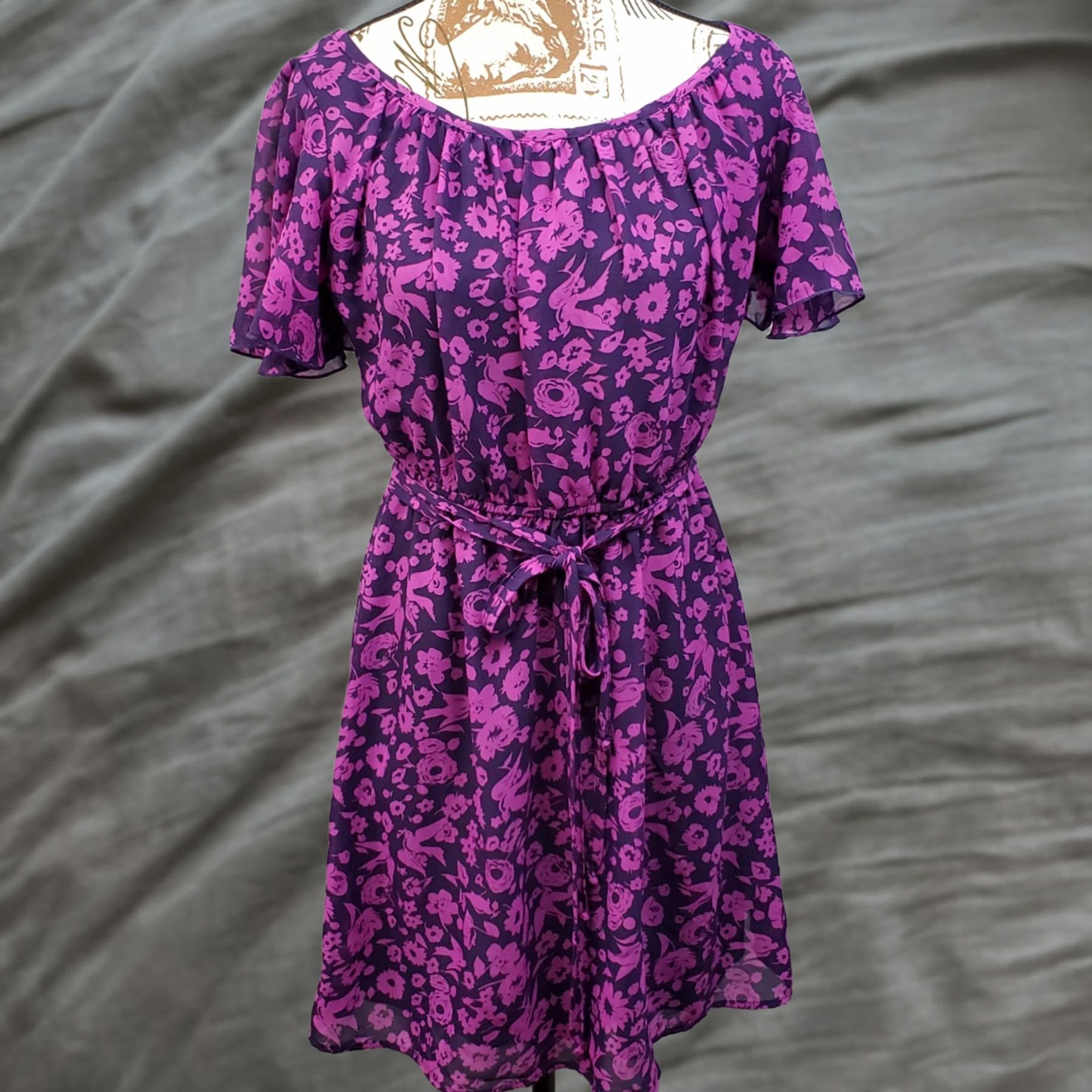 Vintage Fishbowl Mini Dress Womens Size S Purple Floral Cinch Waist Chiffon Flutter Sleeve Size S / US 4 / IT 40 - 1 Thumbnail