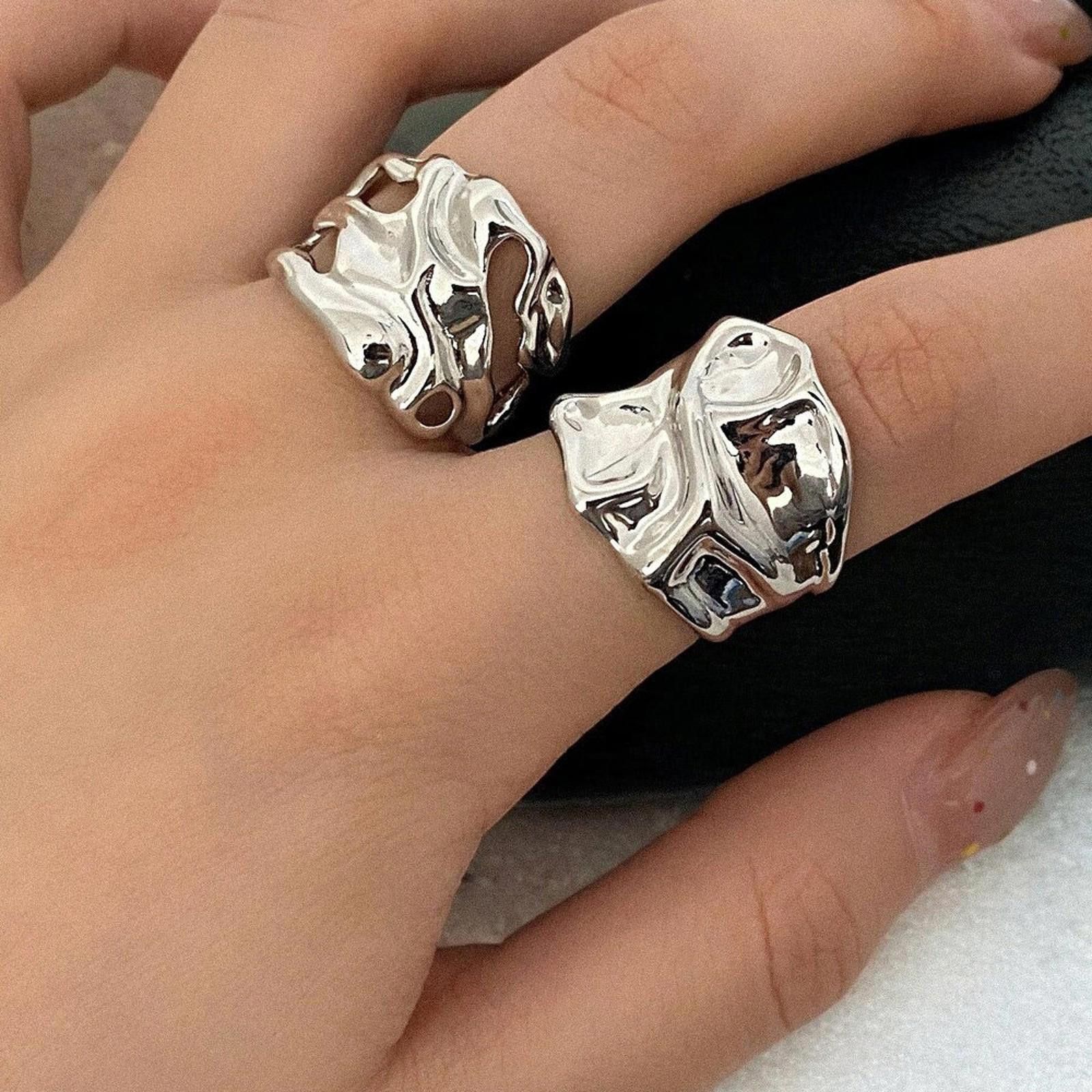 Jewelry Chunky Melted Silver Plated Ring, Irregular Tarnish Ring, Women's