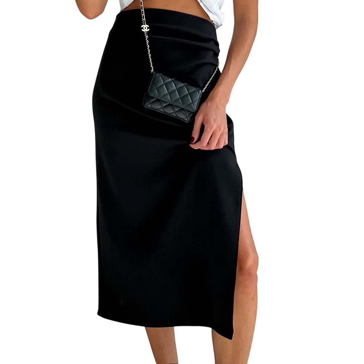 Other Commense Black Solid Utility Ruched Split Woven Midi Skirt Size 26" / US 2 / IT 38 - 2 Thumbnail