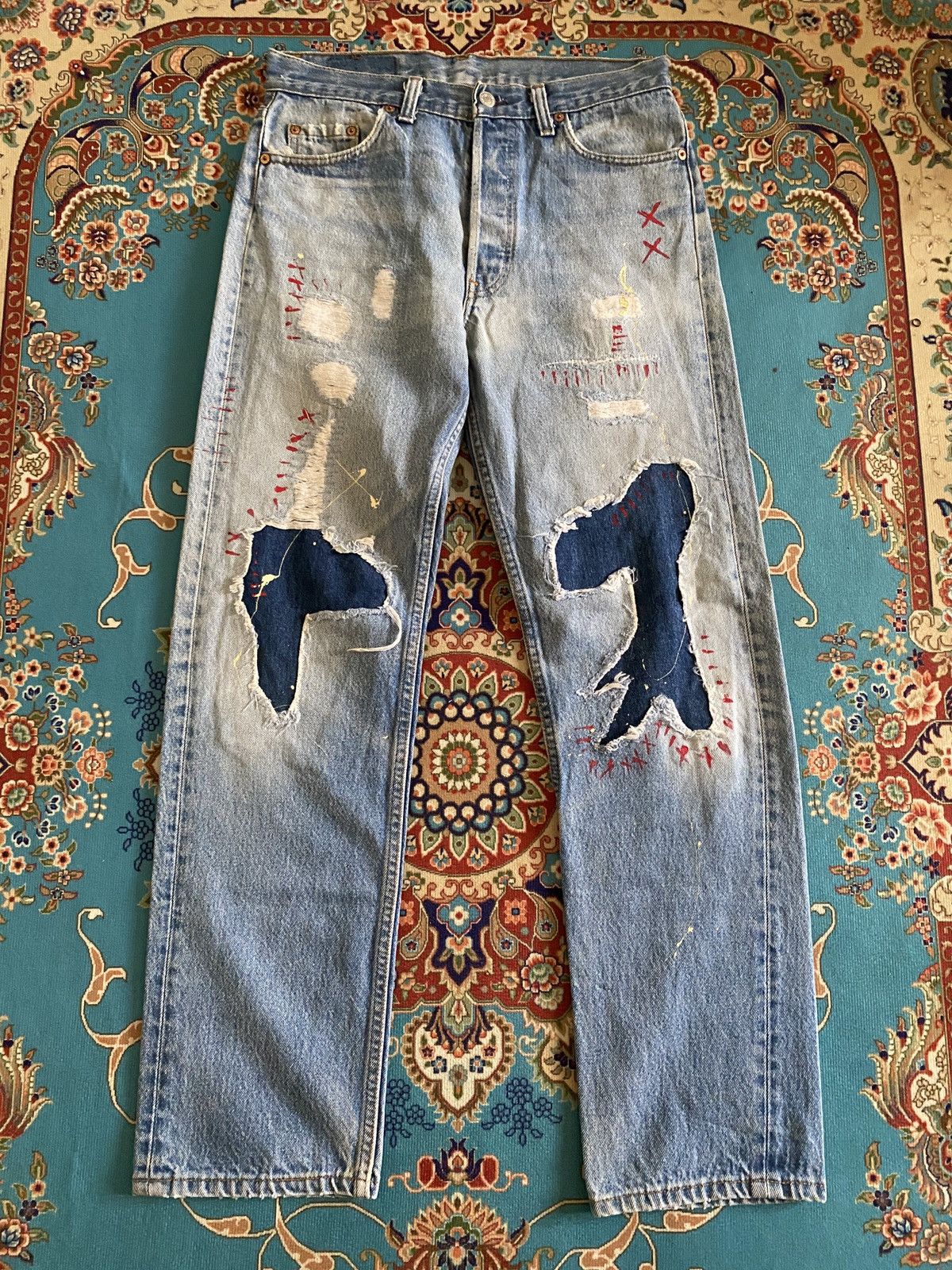 Levi's Vintage Levi’s 501xx Distressed Patchwork Splatter Denim Size US 29 - 2 Thumbnail