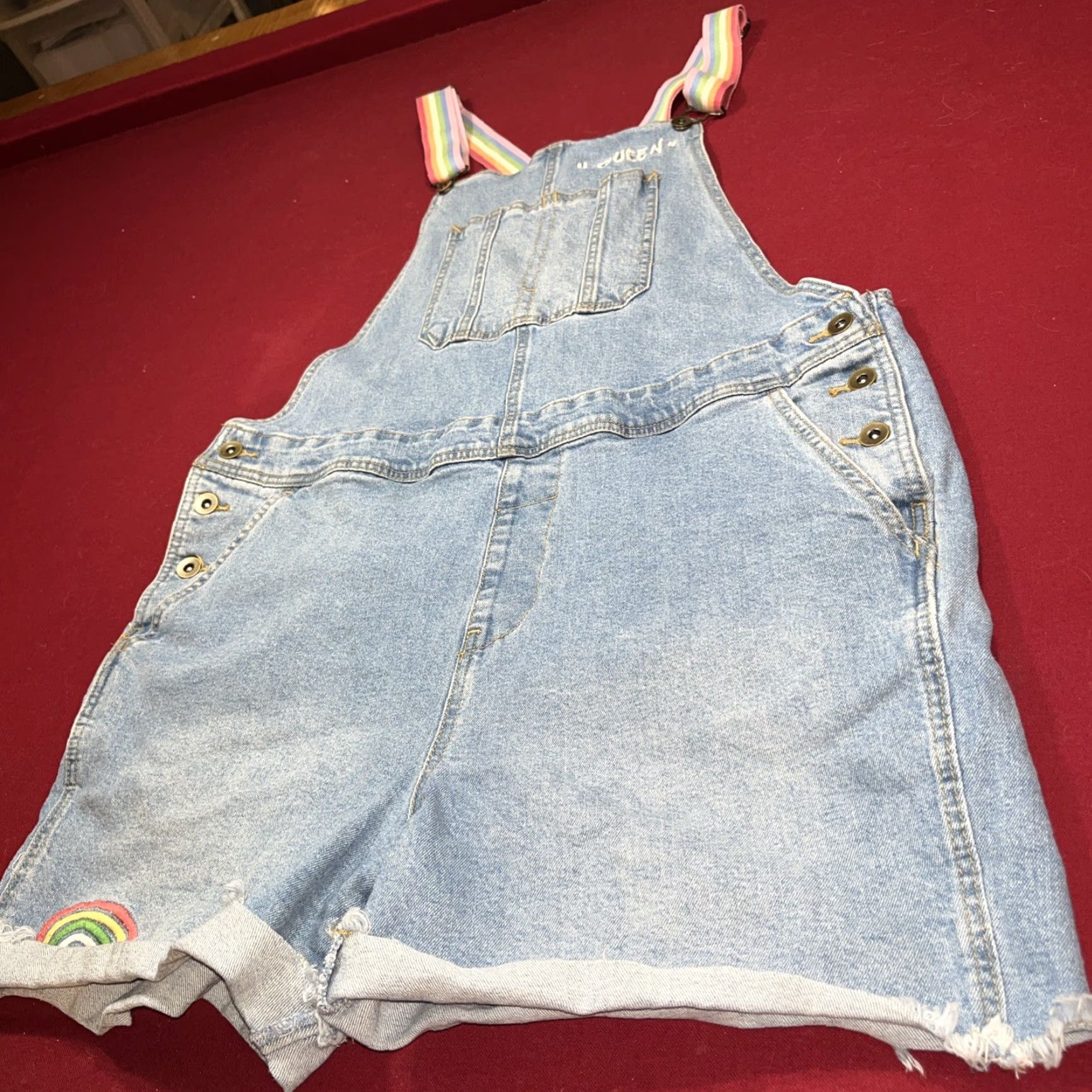 Vintage PRIDE Rainbow Blue Shortall Large Denim Shorts Bib Overalls Rainbow Straps Size 40" / US 18 - 6 Thumbnail