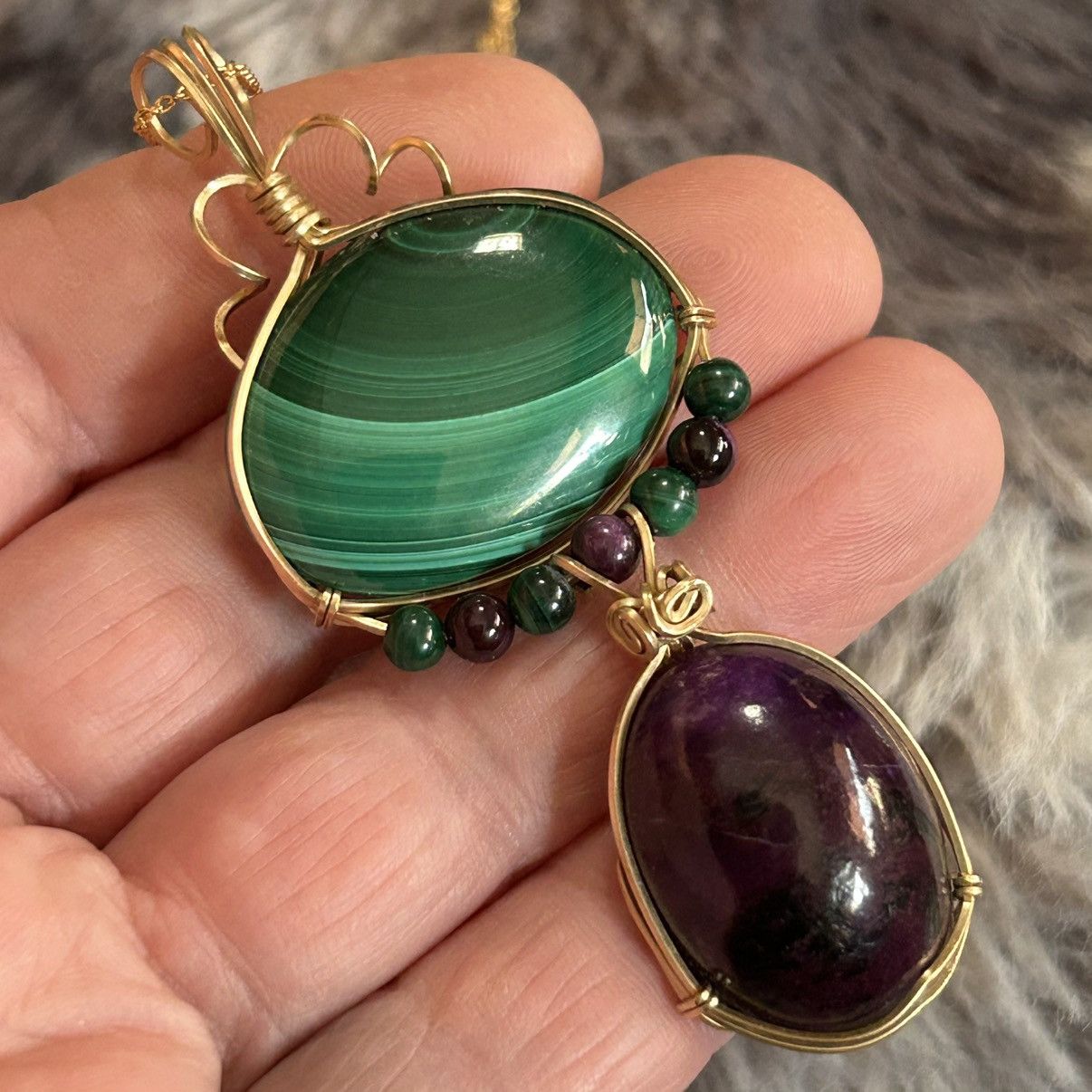 Handmade Hand crafted genuine stone amethyst malachite necklace Size ONE SIZE - 1 Thumbnail