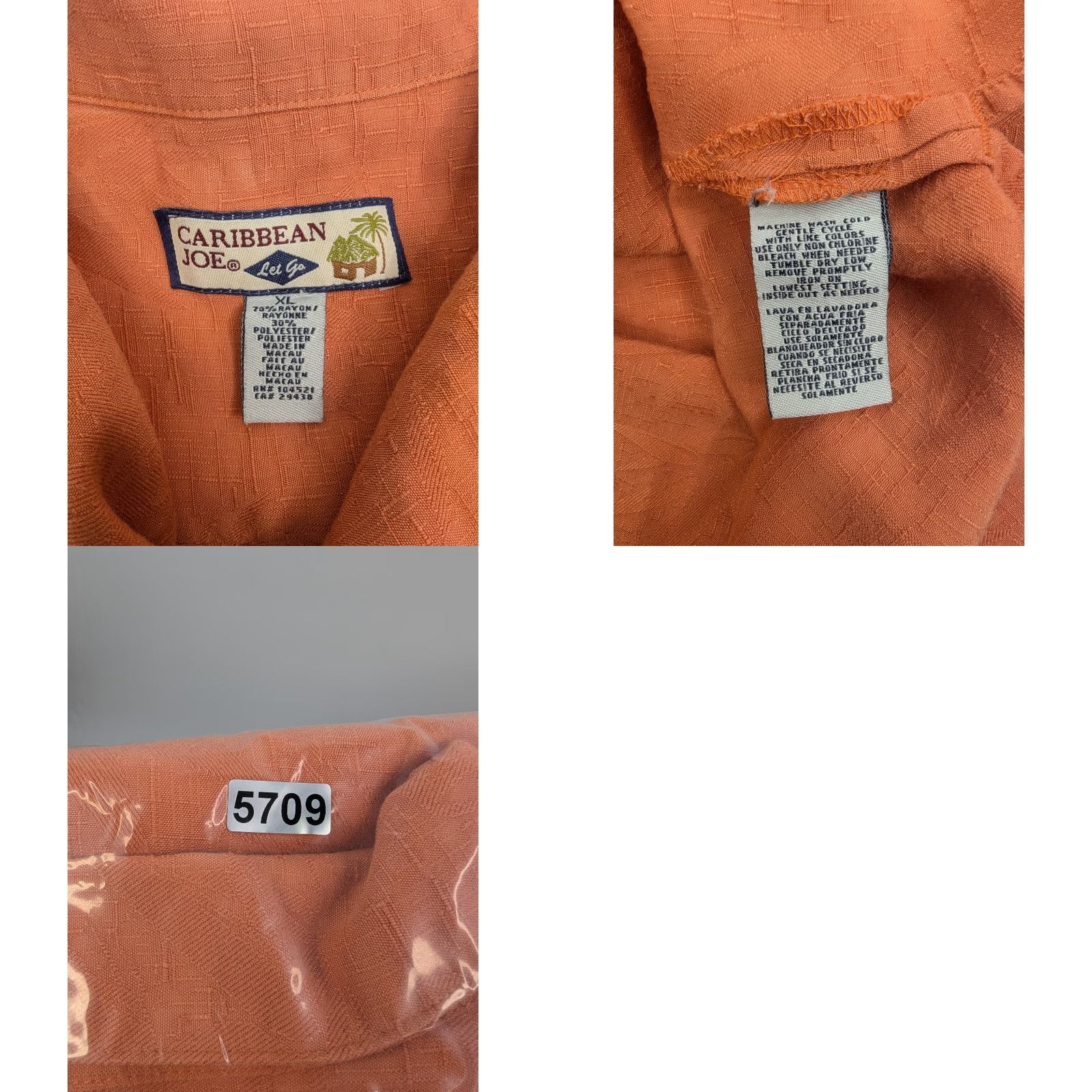 Vintage Caribbean Joe Button-Up Shirt Men's XL Orange Textured Leaf Print Short Sleeve loop collar Size US XL / EU 56 / 4 - 8 Thumbnail