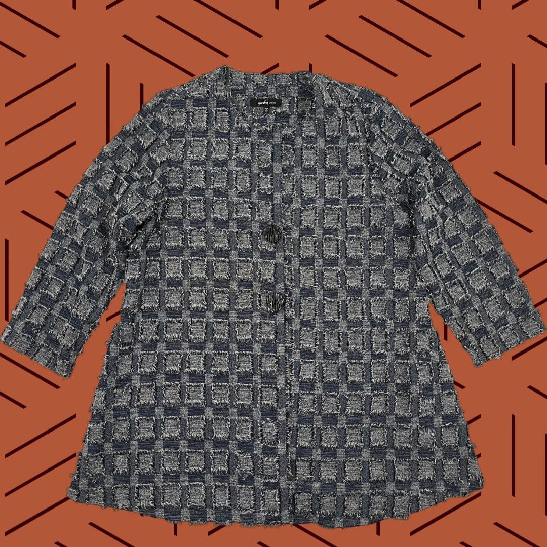 Vintage Yushi Jacket Womens Large Art to Wear Longline Lagenlook Textured Grid Button Jacket Size L / US 10 / IT 46 - 1 Thumbnail