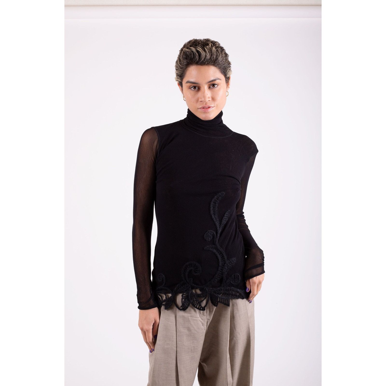 FUZZI Vintage FUZZI Double Layered Mesh Floral Crochet Turtleneck Size L / US 10 / IT 46 - 4 Thumbnail