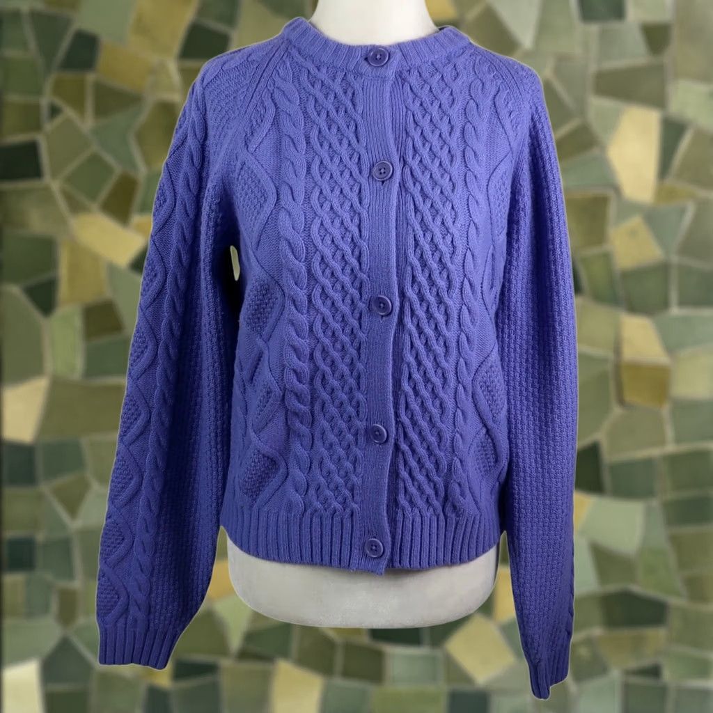 Vintage Sunday Best Cardigan Sweater Women S Blue Merino Wool Cable Knit Crew Neck Long Sleeve Fall Winter Spring Size S / US 4 / IT 40 - 1 Thumbnail