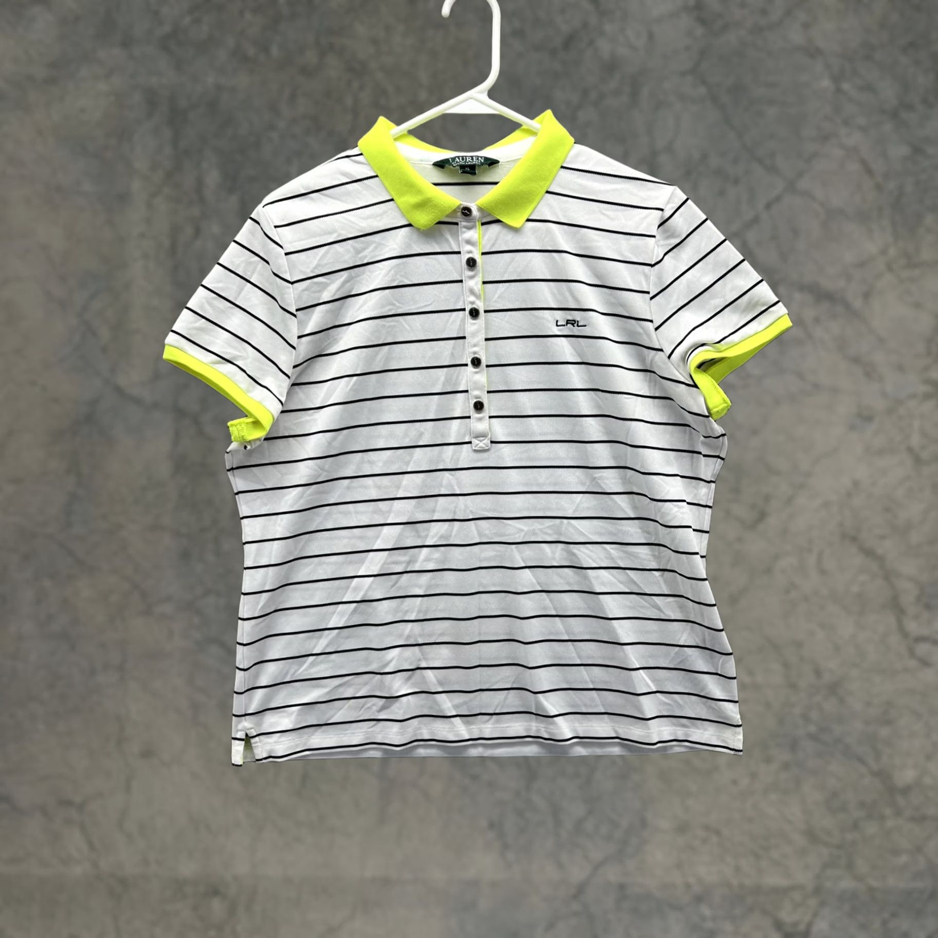 Ralph Lauren Lauren Ralph Lauren Polo Shirt Womens XL White Stripe Neon Yellow Trim Top Size XL / US 12-14 / IT 48-50 - 1 Thumbnail
