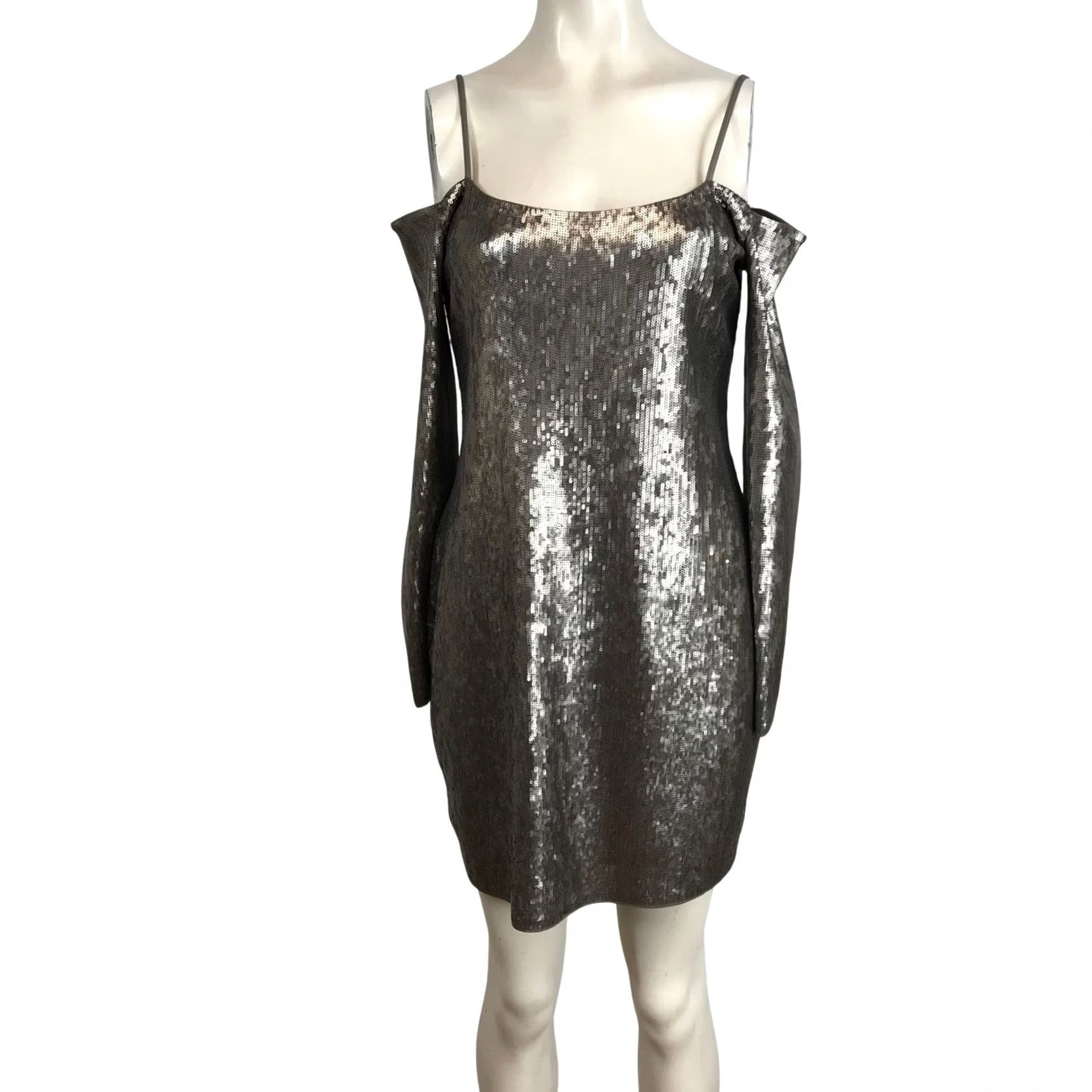 Express EXPRESS Sequin Cold Shoulder Long Sleeve Bodycon Mini Dress Womens M Silver Size M / US 6-8 / IT 42-44 - 2 Thumbnail