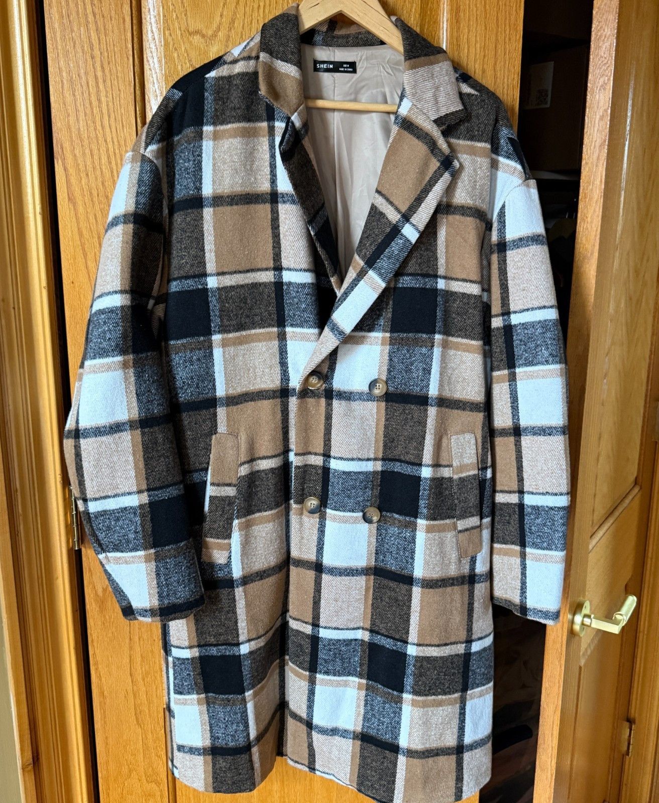 Shein SHEIN Plaid Tan/ Black Long Double Breasted Coat Size US M / EU 48-50 / 2 - 1 Thumbnail