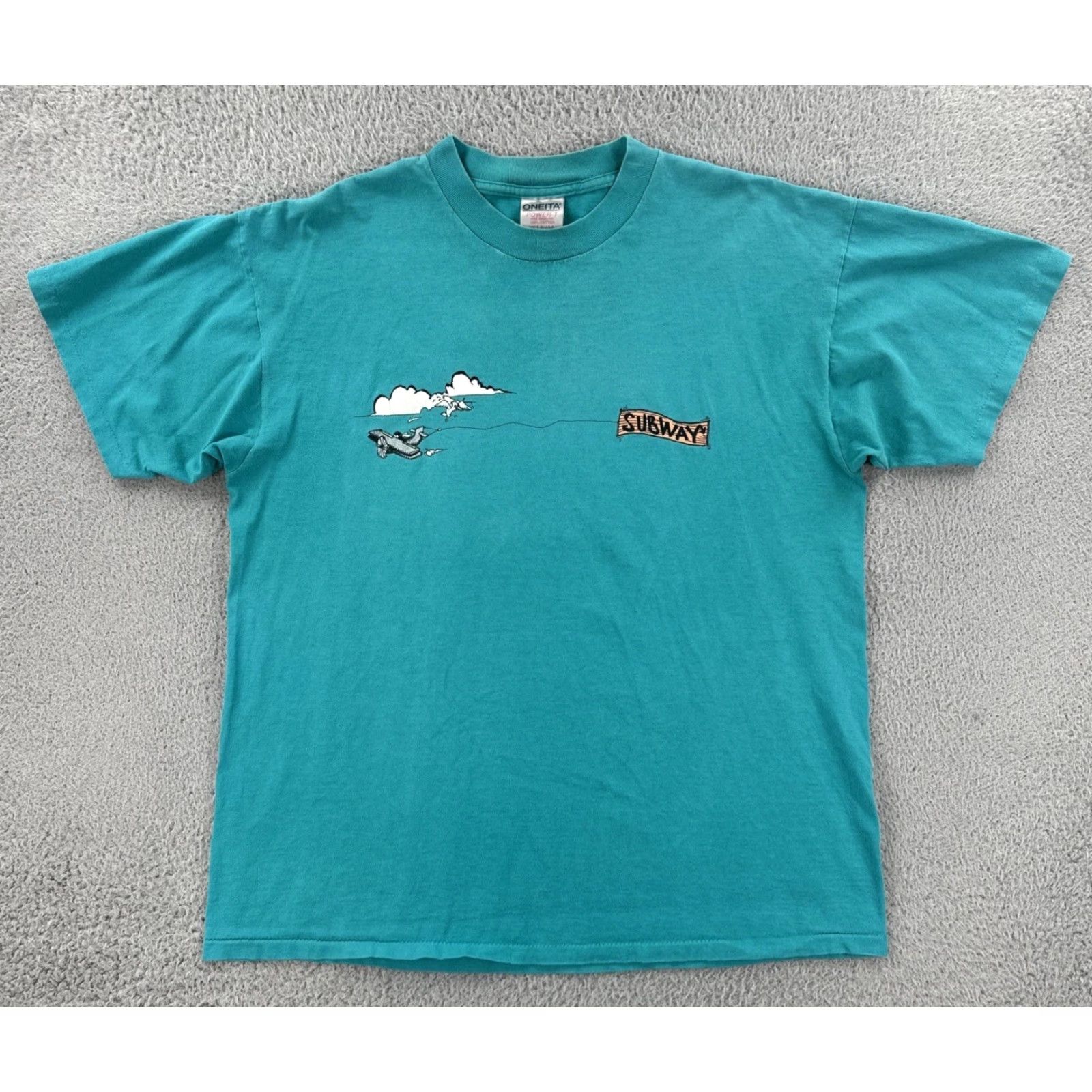 Vintage VINTAGE Oneita Mens XL Green Single Stitch Shirt USA 90s Subway Sandwiches Promo Crew Neck Short Sleeve Mens Shirt Blue/Green 90s Theme Size US XL / EU 56 / 4 - 2 Thumbnail