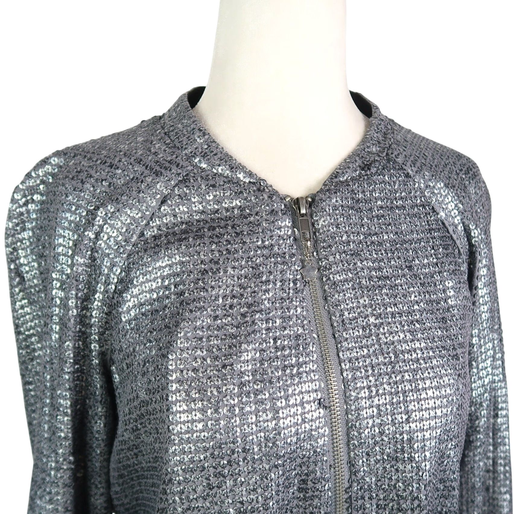 Vintage Silence + Noise Gunmetal Silver Sequin Crop Zip Front Jacket M Womens Short Beaded, Sequin Casual Party/Cocktail Zip Front Size M / US 6-8 / IT 42-44 - 2 Thumbnail