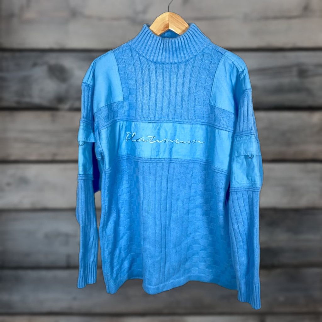 Vintage VINTAGE Platinum Life Y2K Mock Neck Sweater Adult Large Blue Chunky Knit Hip Hop Retro Mens Size US L / EU 52-54 / 3 - 1 Thumbnail