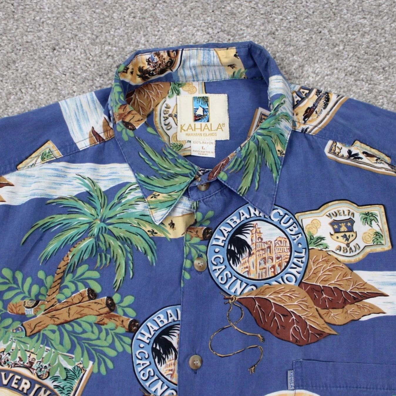 Vintage Kahala Mens Large Blue 100% Rayon AOP Hawaiian Shirt Button-Up Short Sleeve Reg XS? Wait, can't add info. Size US L / EU 52-54 / 3 - 5 Thumbnail
