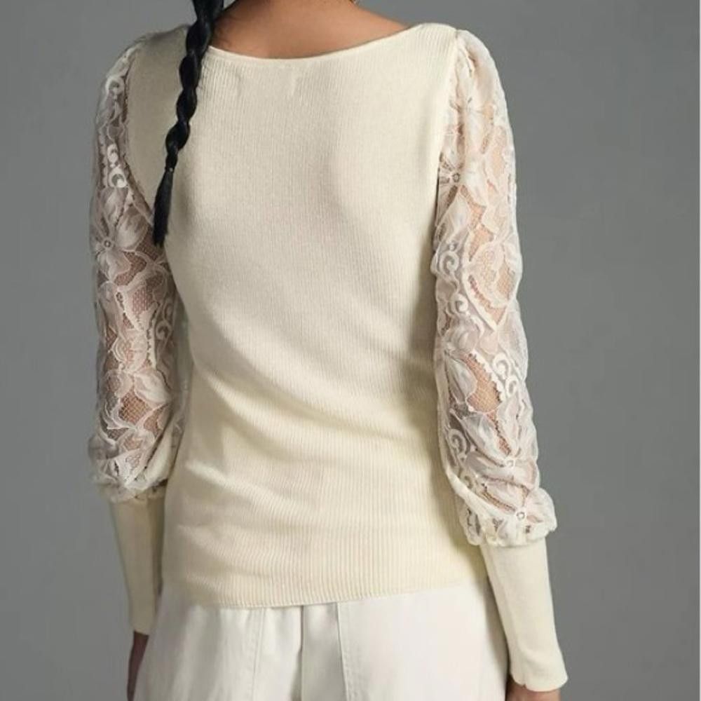 Designer Anthropologie Lace Balloon Sleeve Ribbed Sweater Ivory XS Size XS / US 0-2 / IT 36-38 - 2 Thumbnail