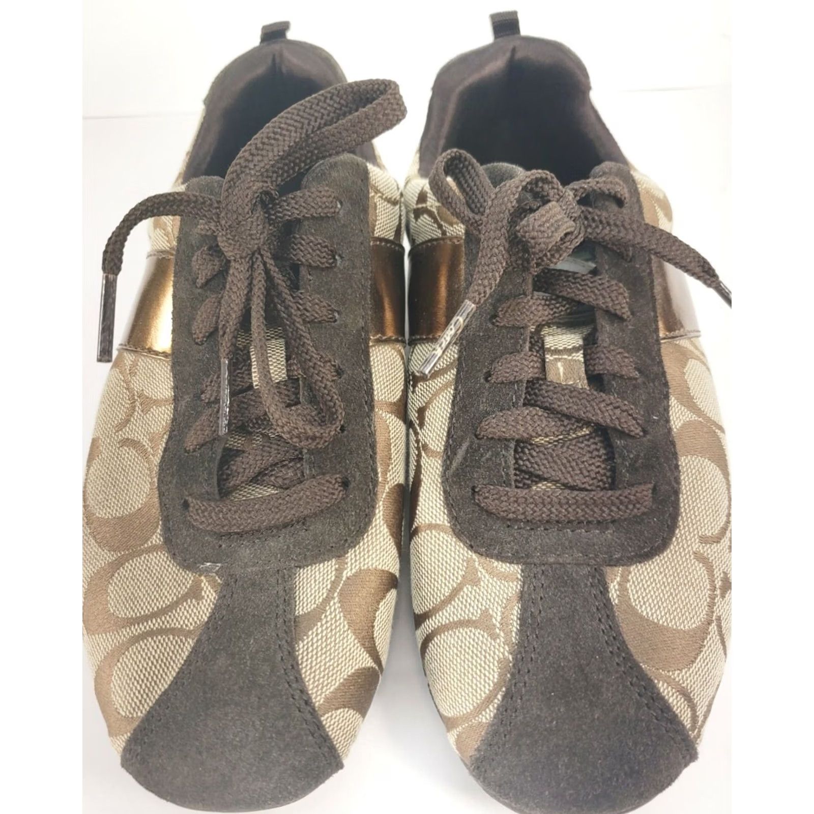 Coach Coach Hadley Sneaker Women’s 6.5M Brown Gold Coach Logo Fabric & Suede Shoe, Athletic, Casual, Low Top, Lace Up, Comfortable, Rubber Outsole, M Width Size US 7 / IT 37 - 3 Thumbnail