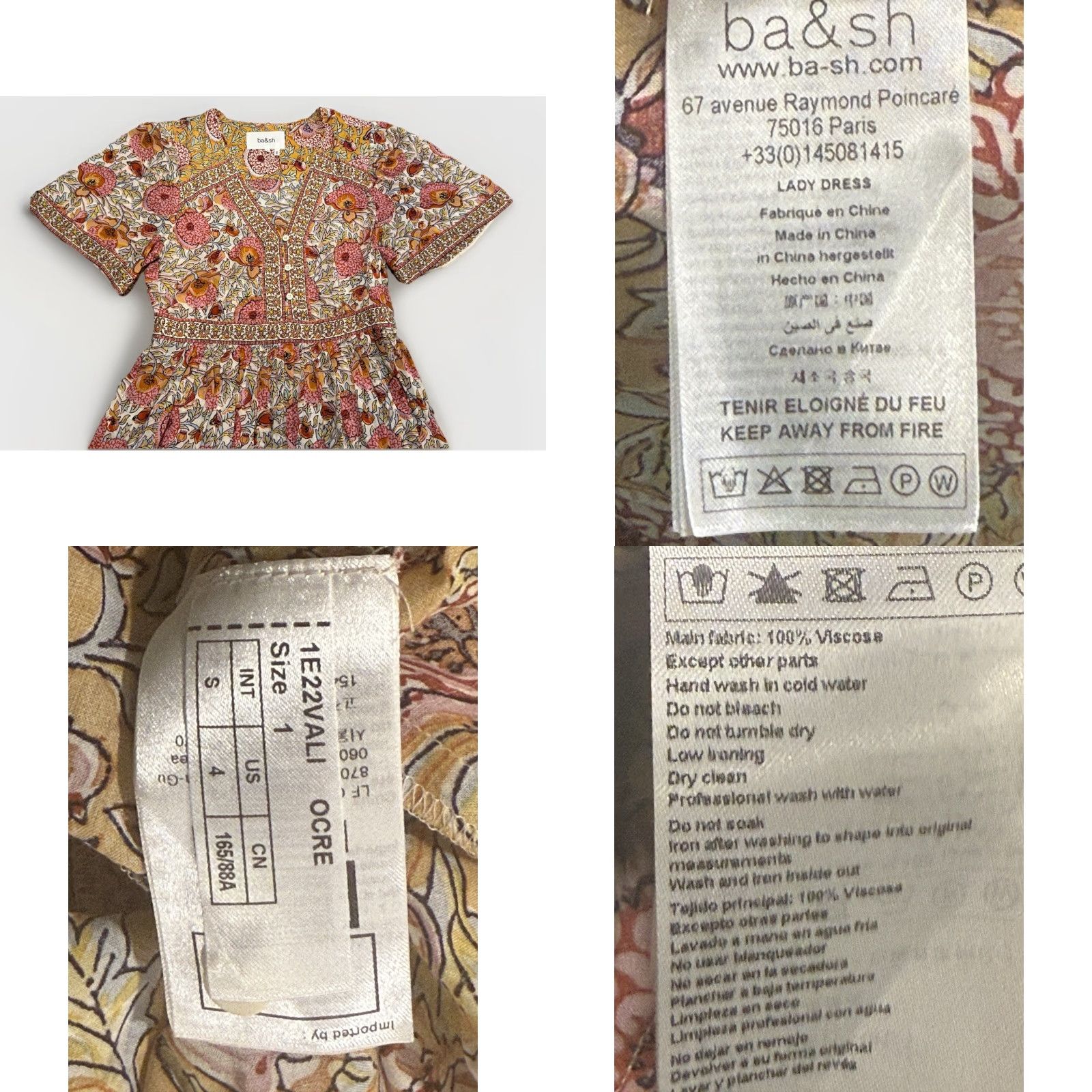 ba&sh BA&SH Valia Mini Dress Ocre Floral V-Neck Short Sleeve Zip Button Multicolor Boho S Womens Size S / US 4 / IT 40 - 8 Thumbnail