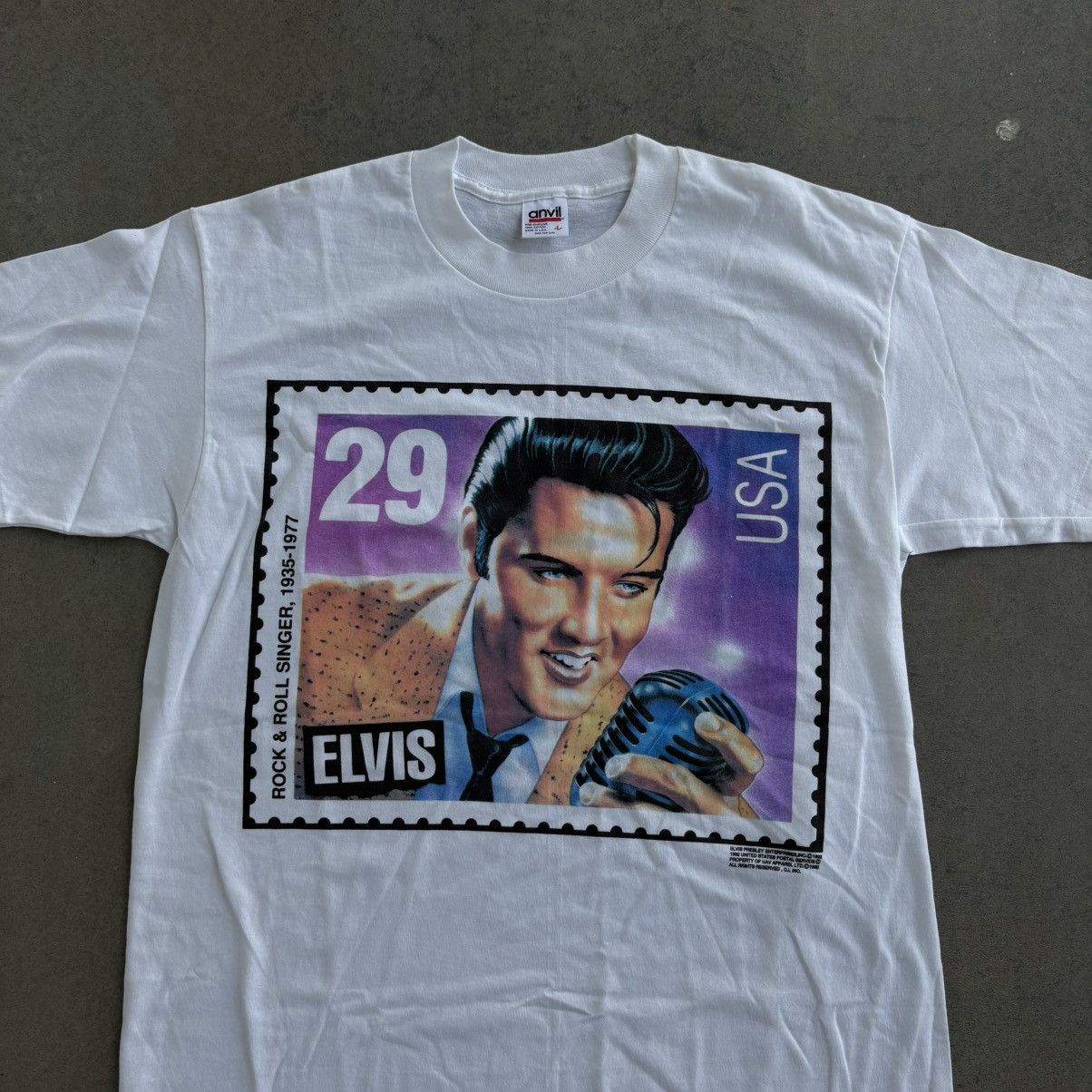 Anvil × Vintage Vintage 1992 Elvis Anvil T-Shirt Large Postage Stamp White Size US L / EU 52-54 / 3 - 4 Thumbnail