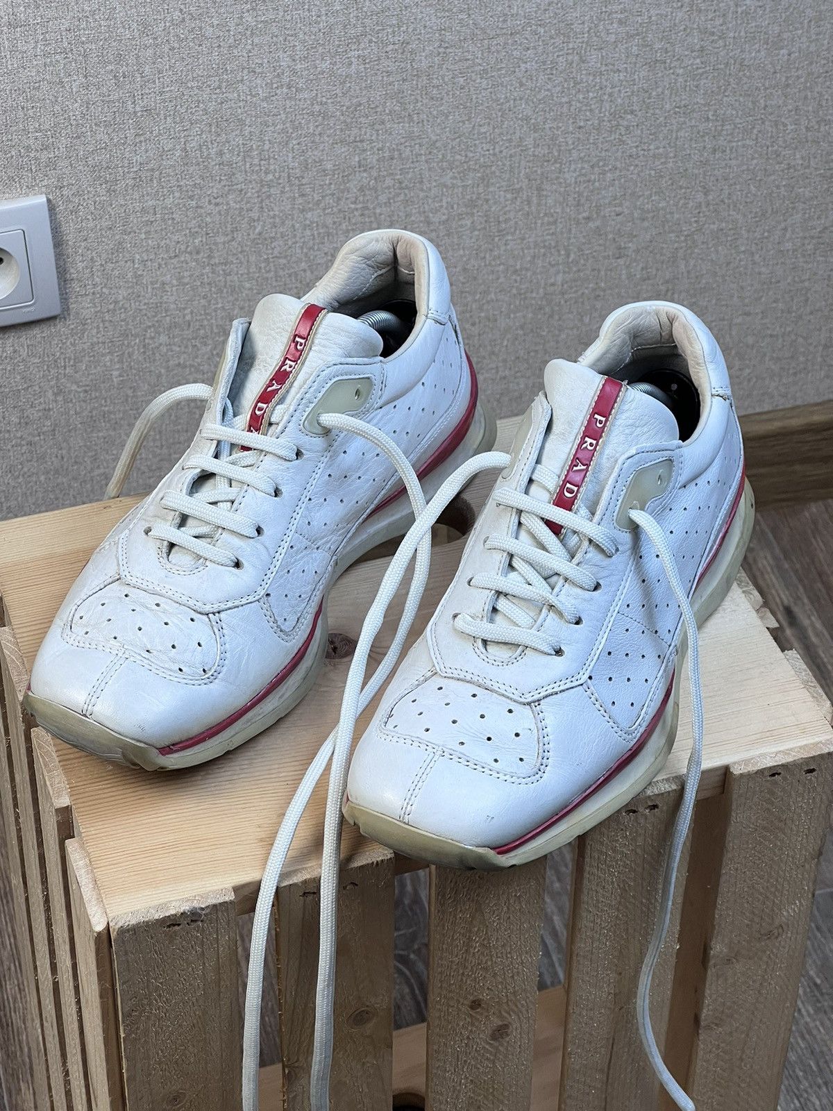 Prada Vintage Prada Red Tab Leather Sneakers Shoes White US: 6.5 Size US 6.5 / EU 39-40 - 1 Thumbnail