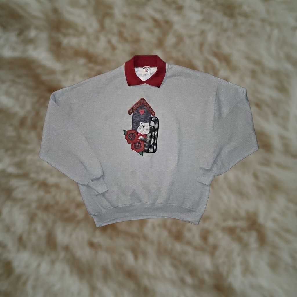 Jerzees VINTAGE Jerzees Sweatshirt Women's 2XL Gray Collared Embroidered Cat Pullover Sweatshirt Size XXL / US 16-18 / IT 52-54 - 1 Thumbnail