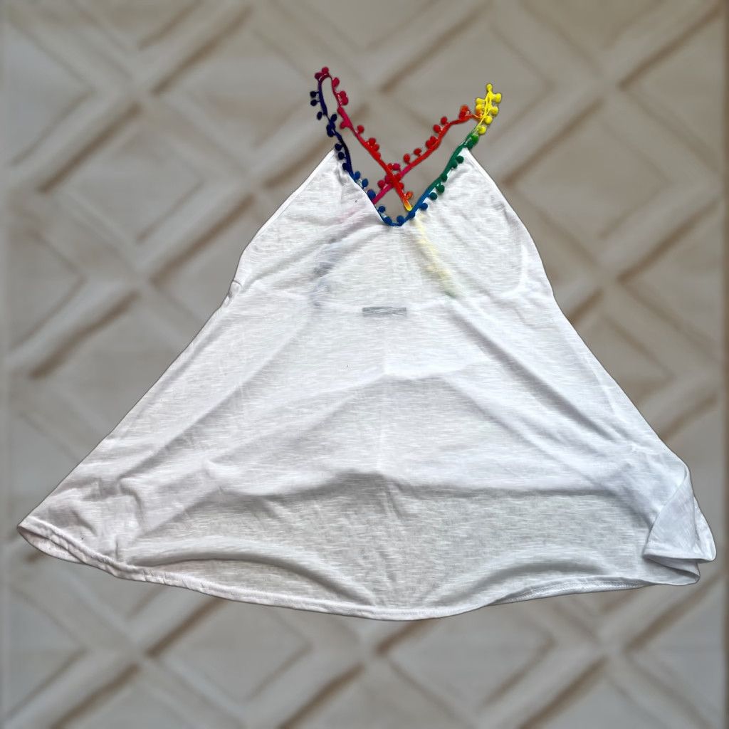 Boohoo Boohoo Tank Top Shirt Womens M White with Colorful Straps Backless Soft Cropped Spaghetti Strap V-Neck Sleeveless Casual Size M / US 6-8 / IT 42-44 - 1 Thumbnail