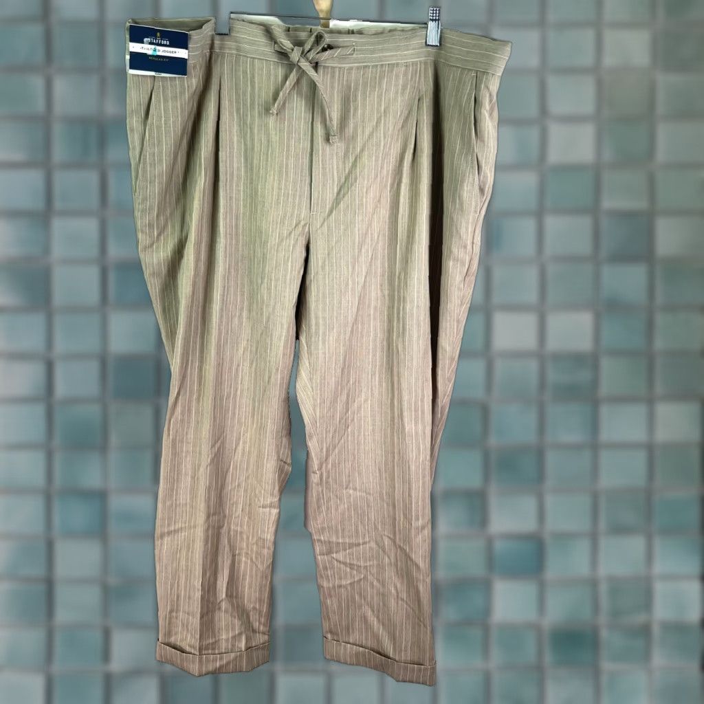 Stafford VINTAGE Stafford Wool Blend Joggers Pants High Rise Straight Cuffed Mens Size 44 Tan Striped Fall Spring Size US 44 / EU 60 - 1 Thumbnail