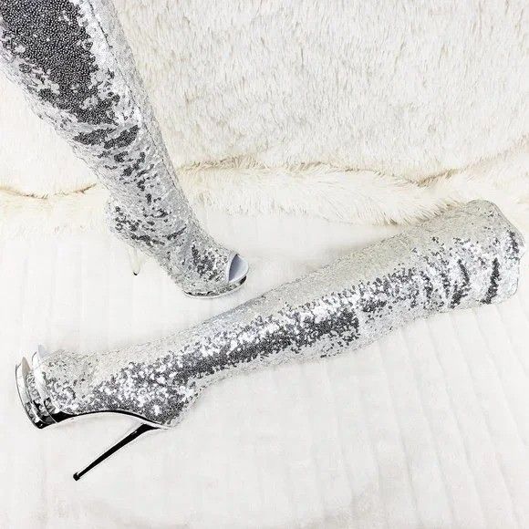 Other Blondie 3011 Silver Sequin Slouchy High Heel Platform Thigh Size US 11 / IT 41 - 7 Thumbnail