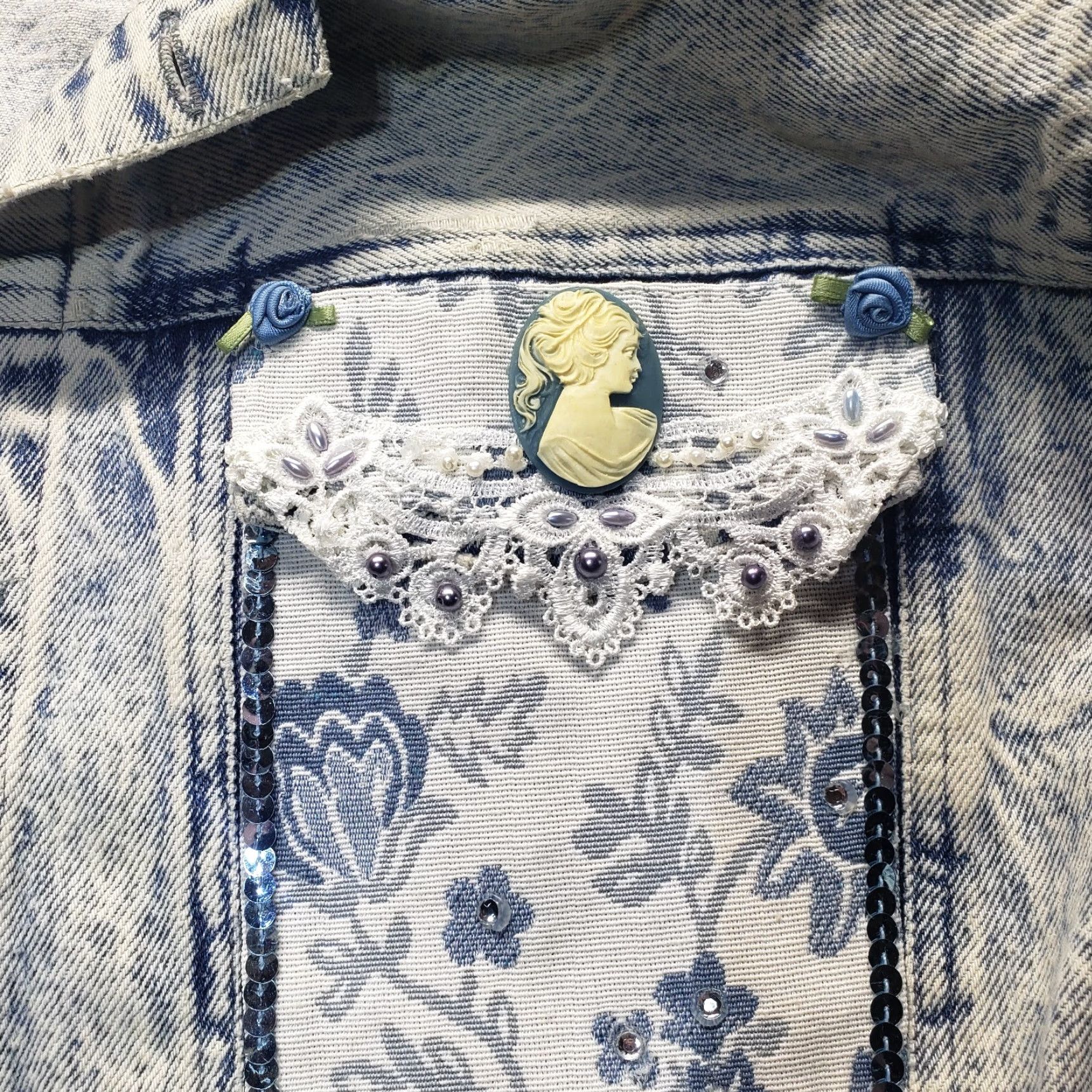 Denime Unbranded Denim Coat Sport Jacket Blue Floral Lace Button Victorian Style M Women Size M / US 6-8 / IT 42-44 - 2 Thumbnail