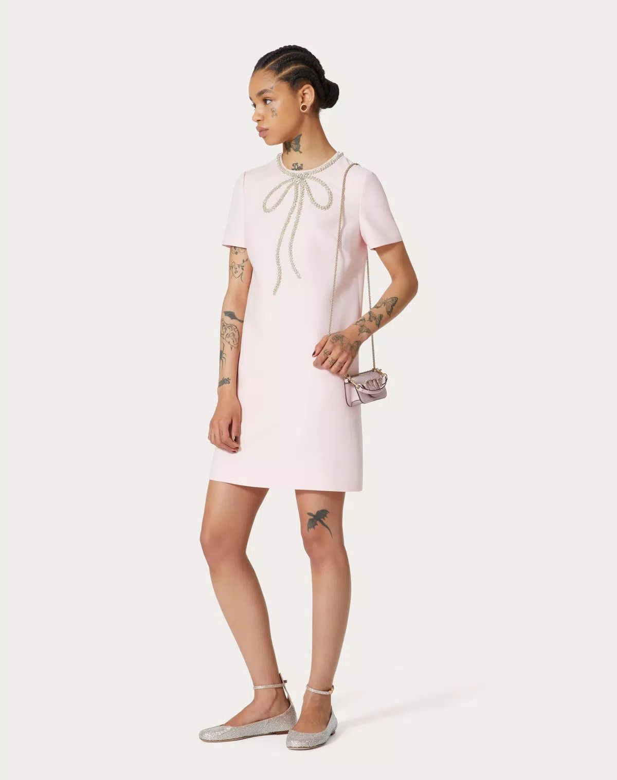 Valentino o1s1wg110625 Embroidered Crepe Short Dress in Pink/Silver Size S / US 4 / IT 40 - 3 Thumbnail