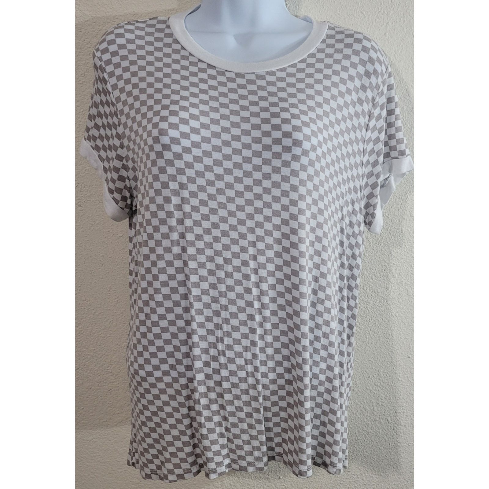 Other Justify Tan White Checkered Women's Top Large Short Sleeves Size L / US 10 / IT 46 - 1 Thumbnail
