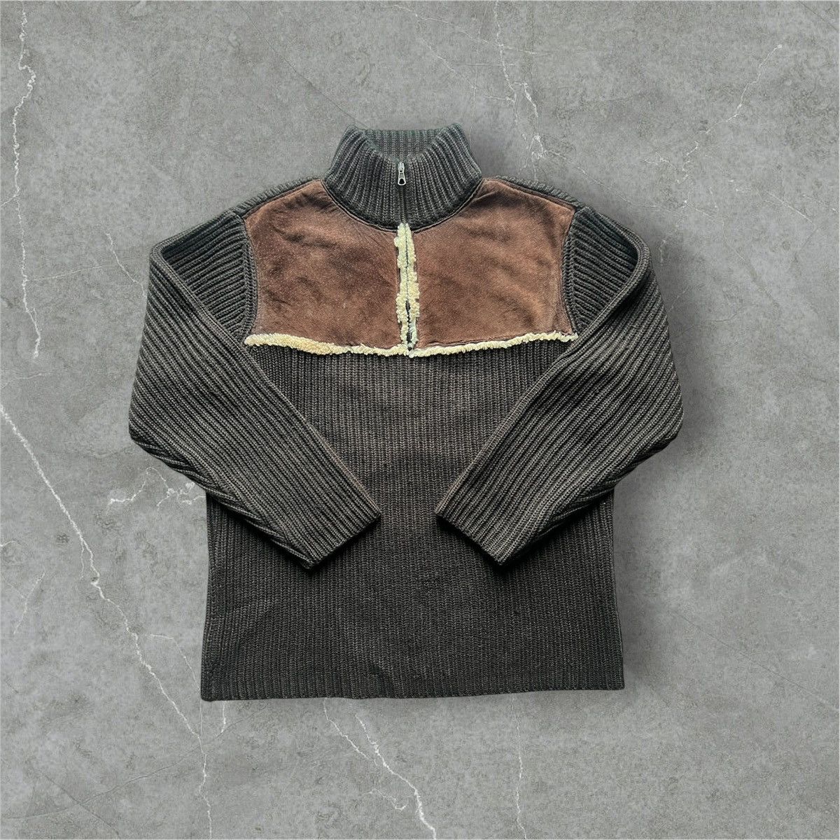 Marlboro Classic quarter zip sweater brown suede sheepskin L