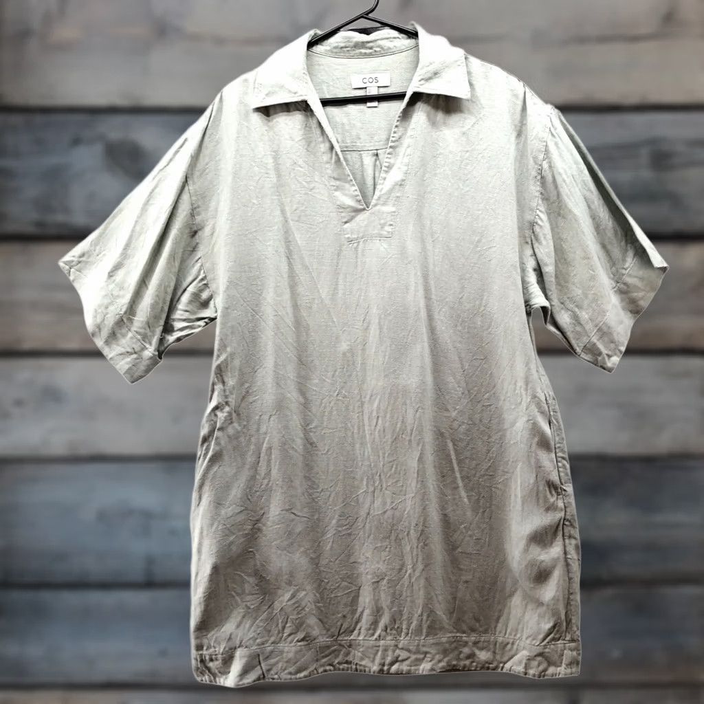 Cos COS Linen Shift Dress Womens M Sage Green Short Sleeve Collared Pockets V-Neck Pullover Casual Vintage: No Size 32" / US 10 / IT 46 - 1 Thumbnail