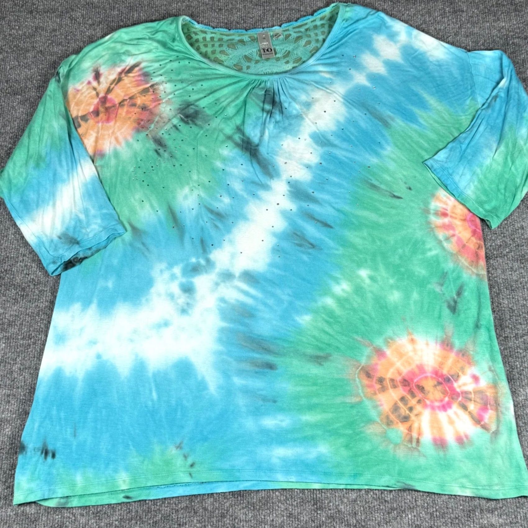 Vintage Thomas & Olivia Tie Dye Crochet Blouse Shirt Top 1X Blue Green Orange Coastal Womens T-Shirt Size XL / US 12-14 / IT 48-50 - 2 Thumbnail