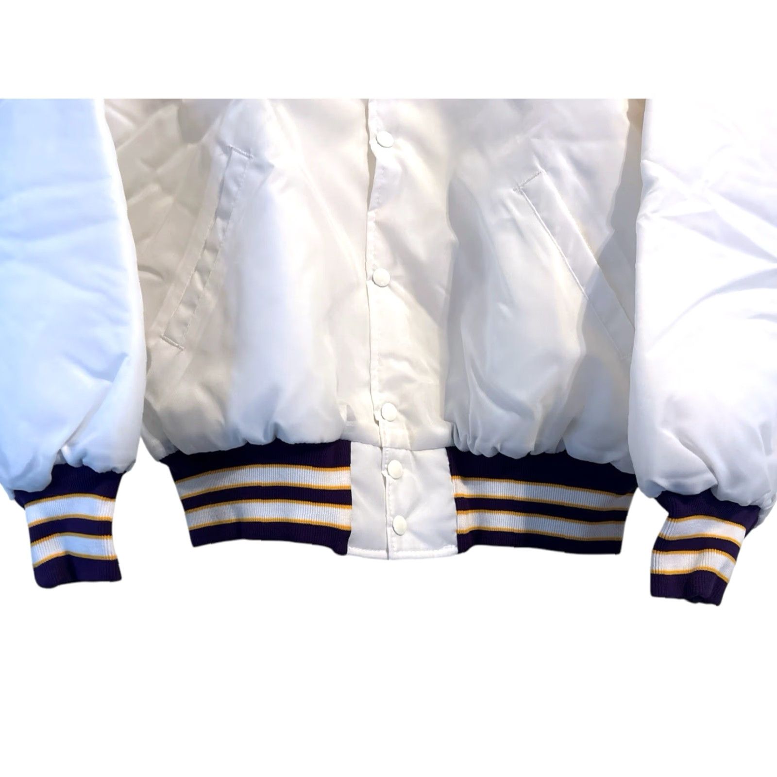 Vintage VINTAGE Elder High School Satin Jacket Mens L Deadstock NWT White Purple Gold Trim 80s Bomber USA Size US L / EU 52-54 / 3 - 6 Thumbnail