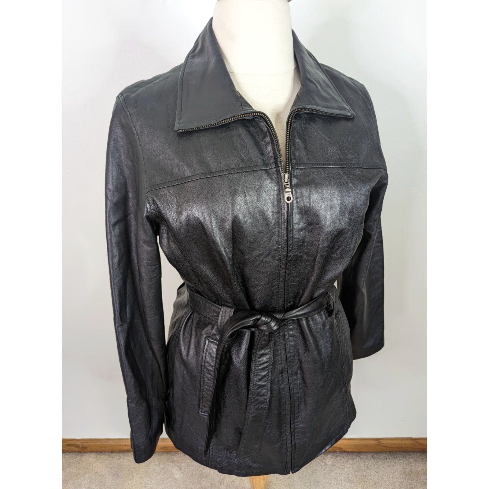 Vintage VINTAGE Leather Belted Tie Waist Moto Jacket Womens L Black 90s 00s Size L / US 10 / IT 46 - 2 Thumbnail
