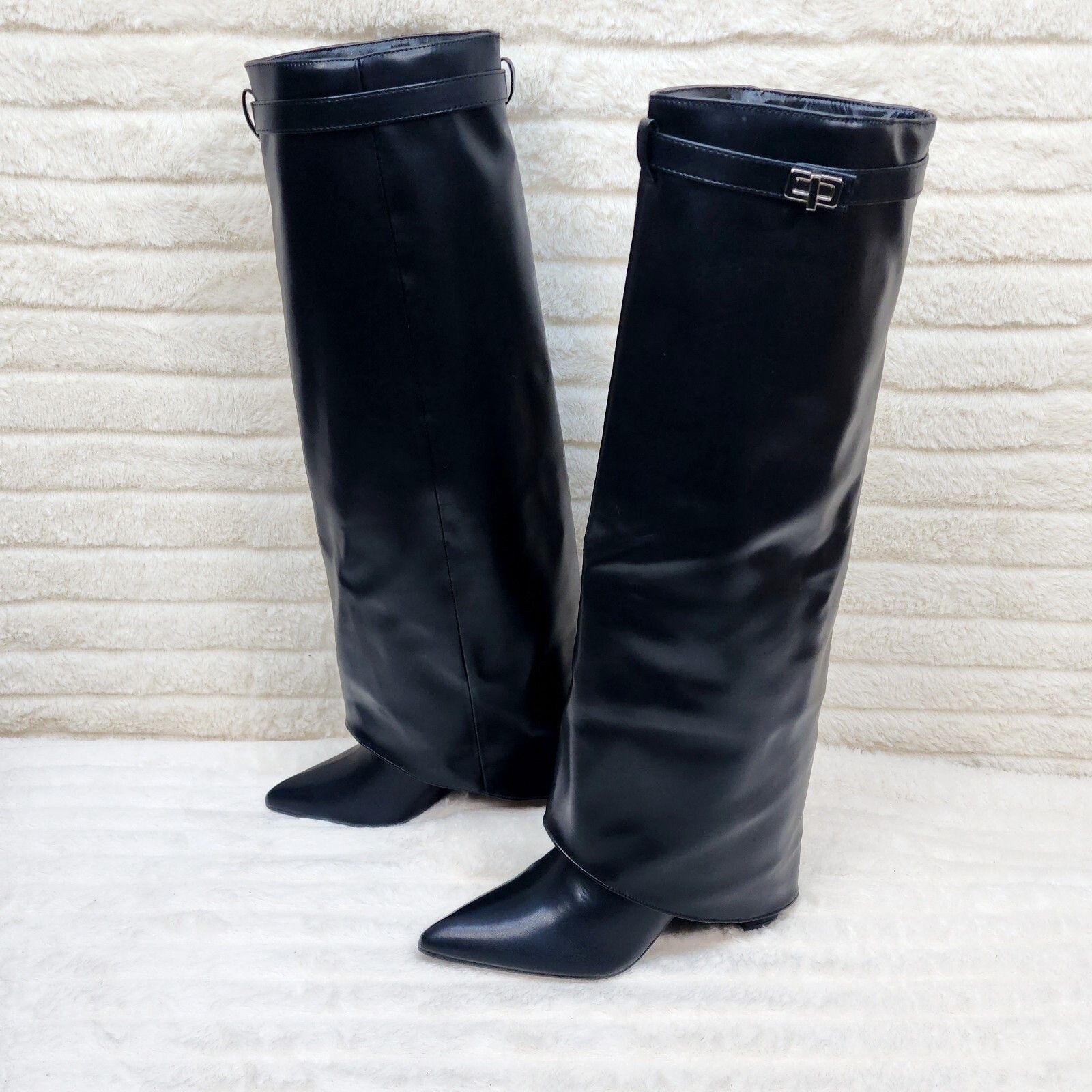 Other Paris Black Skirted Fold Over 3.5" Block Heel Knee High Boot Size US 6 / IT 36 - 6 Thumbnail