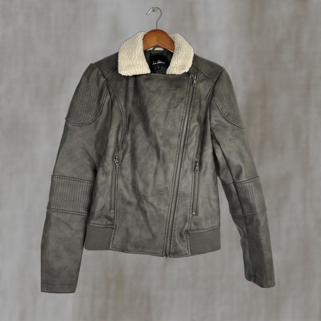 Sam Edelman Moto Jacket With Sherpa Collar Vegan Faux Leather Womens Small Gray