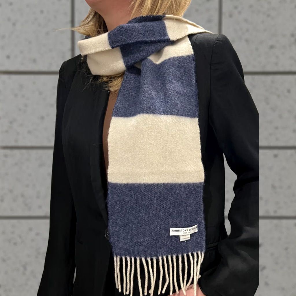 Johnstons Of Elgin Johnstons of Elgin Scarf 100% Cashmere Blue Ivory Stripe Vintage Unisex Pattern: Striped Size ONE SIZE - 1 Thumbnail