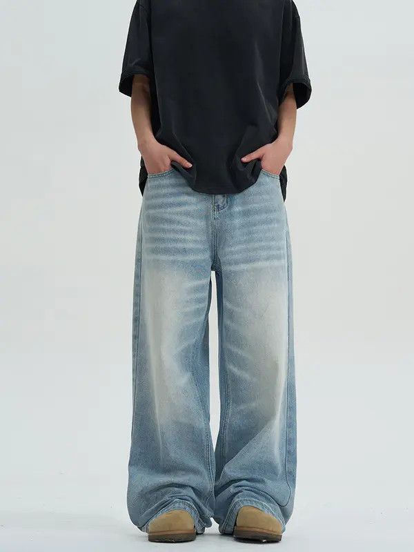 Jean Blue Washed Baggy Denim Jeans, Loose Wide Leg Jeans Size US 32 / EU 48 - 3 Thumbnail