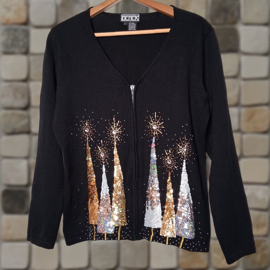 Vintage Berek Cardigan Sweater L Black Beaded Sequins Christmas Pine Tree Winter Womens Size L / US 10 / IT 46 - 1 Thumbnail