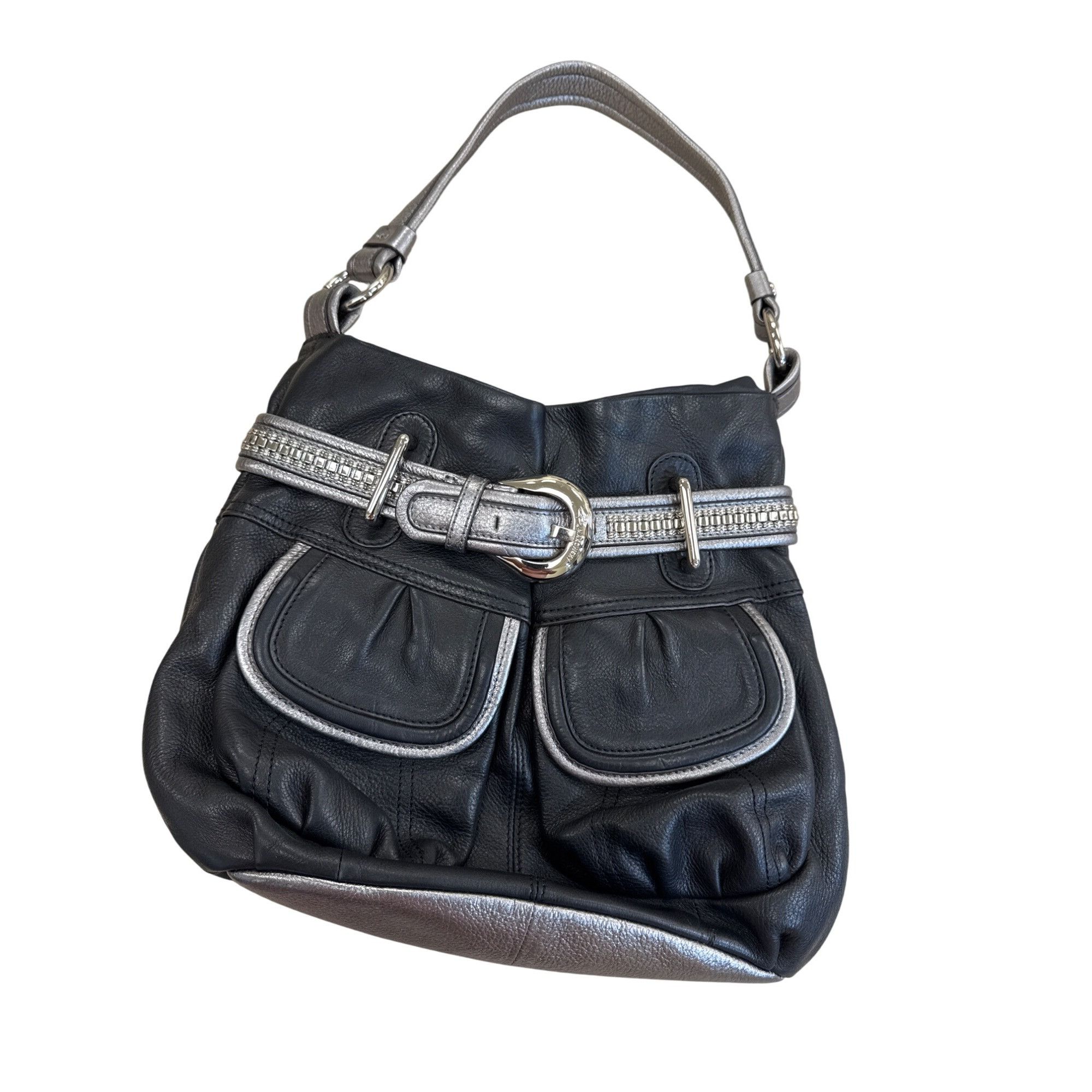 Designer B. Makowsky Womens Black & Silver Leather Hobo Handbag Purse Size ONE SIZE - 7 Thumbnail