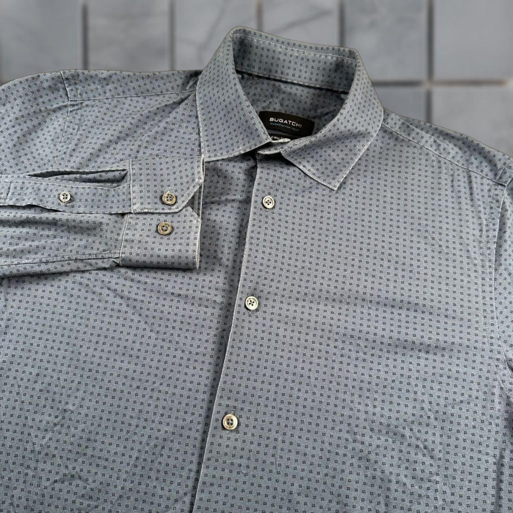 BUGATCHI Bugatchi Button-Up Shirt Mens M Cobalt Blue 8-Way Stretch Cotton Tech Down Dress Long Sleeve Point Collar Geometric Micro Print Button Front Size US M / EU 48-50 / 2 - 1 Thumbnail