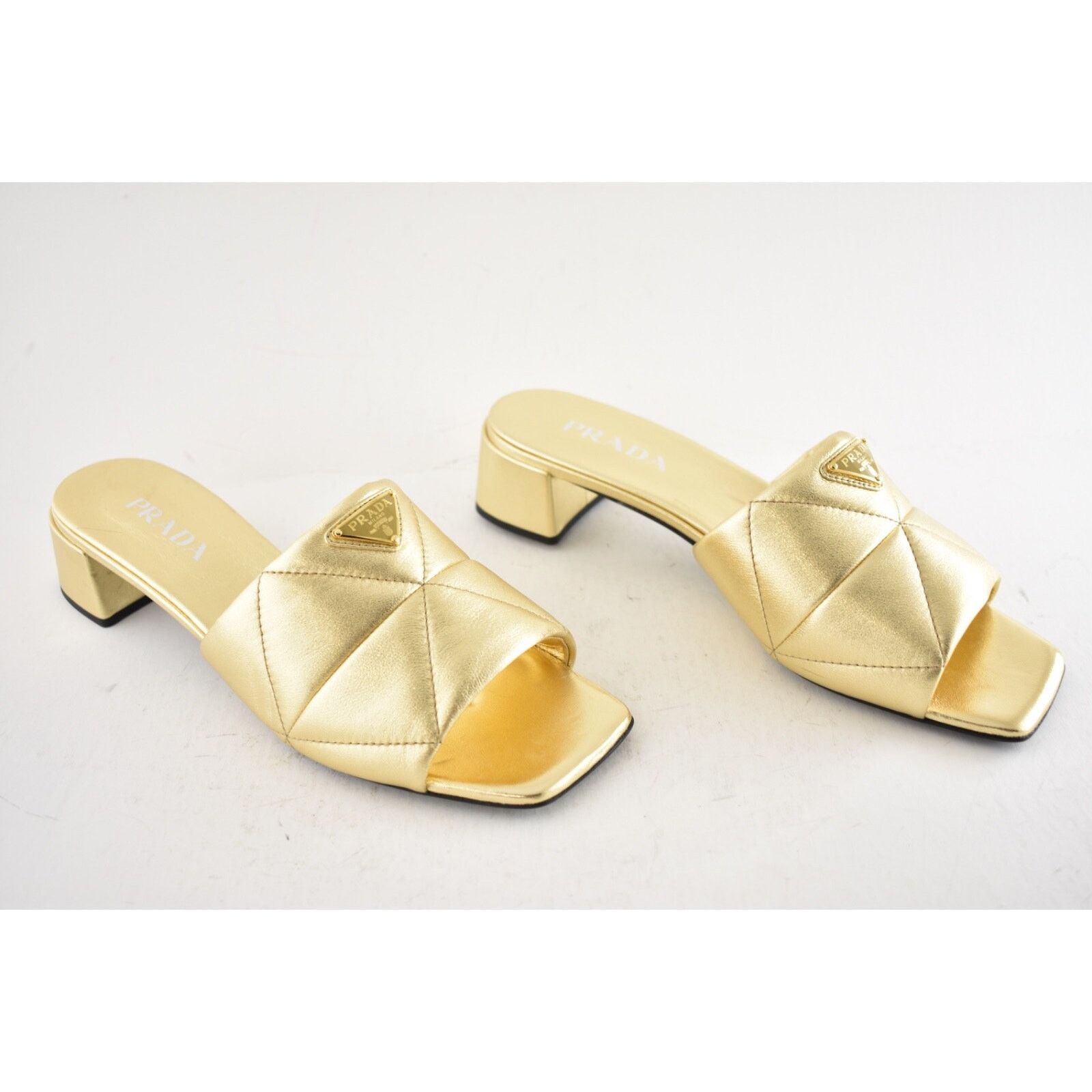Prada Prada Quilted Leather Diagram Gold Slide Sandal Heel 40.5 Size US 10.5 / IT 40.5 - 4 Thumbnail