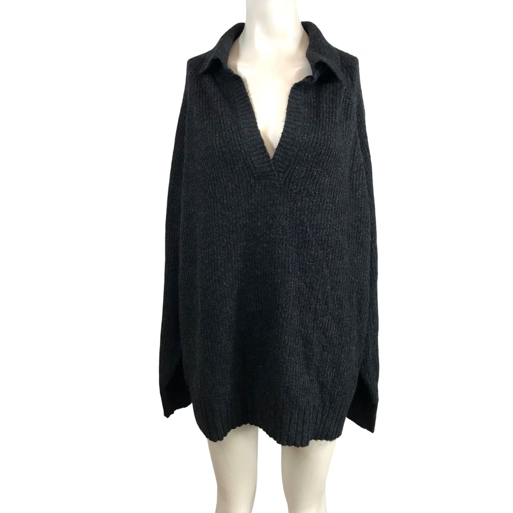 Vintage American Eagle V-Neck Polo Sweater Shirt Women XL Charcoal Gray Ribbed Oversized Tunic Pullover Long Sleeve Relaxed Knit Casual Modern Preppy Size XL / US 12-14 / IT 48-50 - 2 Thumbnail