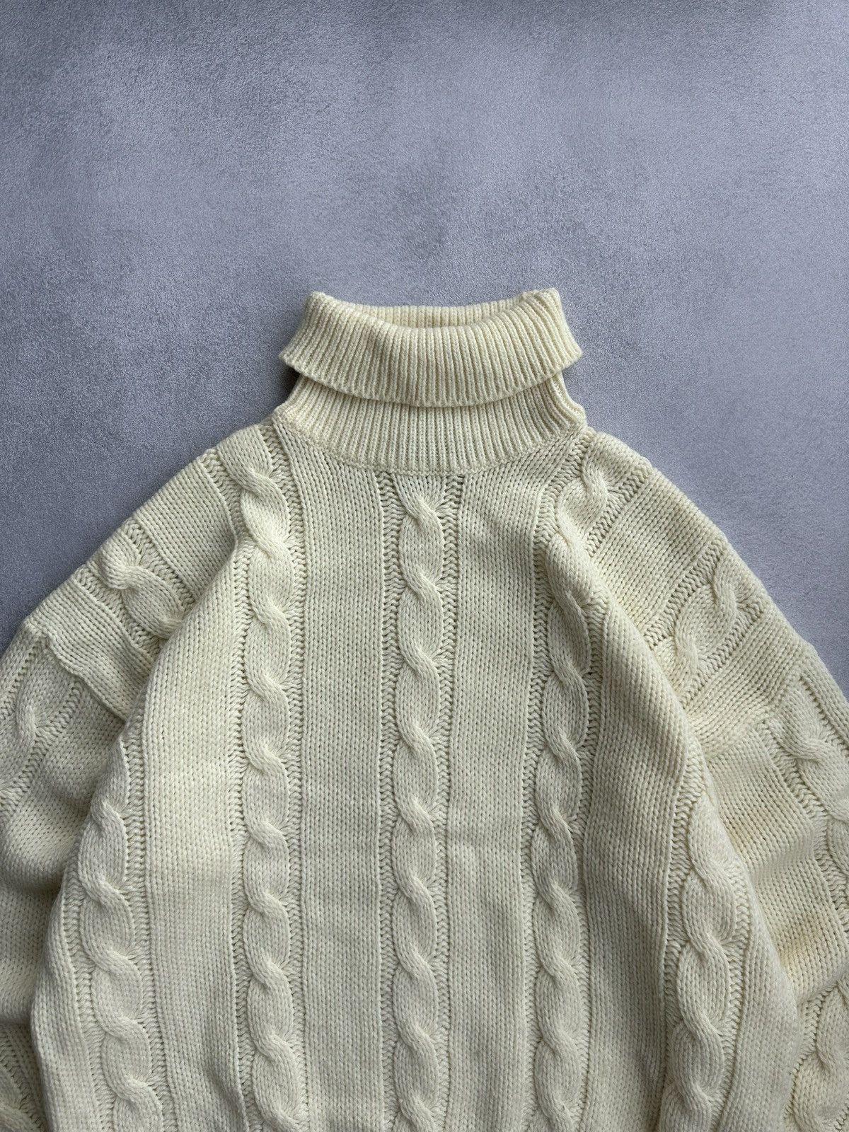 Japanese Brand × Vintage Squash Cable Knit Wool Beige Turtleneck Sweater Size US L / EU 52-54 / 3 - 7 Thumbnail