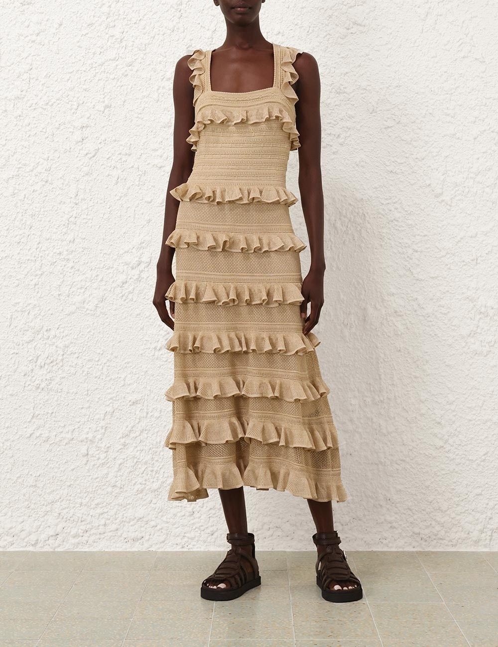 Zimmermann oc11z0825 Illuminate Lace Frill Midi Dress in Beige Size L / US 10 / IT 46 - 7 Thumbnail